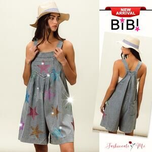 BiBi Star Pattern Rhinestone Washed Side Pockets Wide Leg Shortalls | Lt Denim